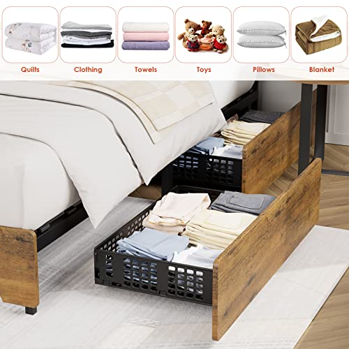 Full Size Bed Frame With 4 Storage Drawers Modern Industrial Headboard And Footboard, Metal Platform Bed Frame 12 Wood Slats Strong Mattress Foundation No Box Spring Needed Noise-Free, Vintage Brown #TOP2