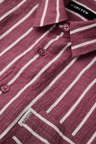Image of SNITCH Men Casual Plus Size Shirt | Regular Fit Full Sleeve Mandarin Collar Striped Design | Premium Cotton Linen Blend & Breathable Fabric for Office & Everyday Wear