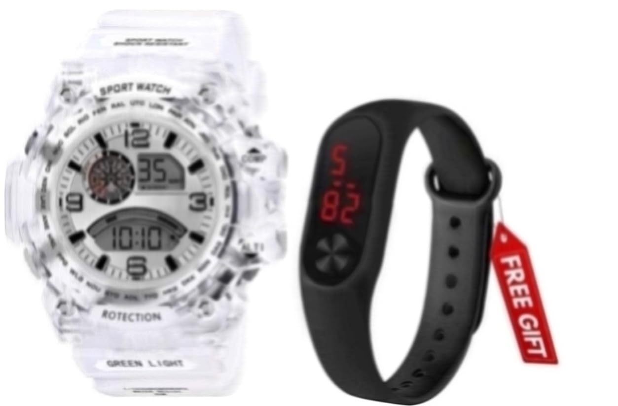 Acnos Polyurethane Premium Brand-A Digital Watch With Led Shockproof Multi-Functional Automatic Silver Dial White Strap Waterproof Digital Sports Watch For Mens Kids Watch For Boys-Pack Of 2 (B09P3Z55MC) Amazon Price History, Amazon Price Tracker