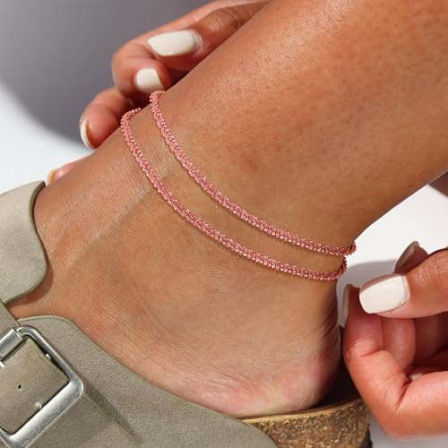 Image of Robaice Ankle Bracelets for Women, Glitter Waterproof Adjustable Anklet for Women, 14K Gold Plated /Sterling Silver Layered Anklets, Summer Beach Anklet Jewelry for Women Gift