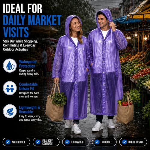 Image of OTOROYS Waterproof Long Rain Coat with Hood for Men, Women, Boys & Girls | Universal Full Length Reusable PVC Raincoat | Lightweight Portable Rain Ware for Bike Riding, Travel & Outdoor, Purple