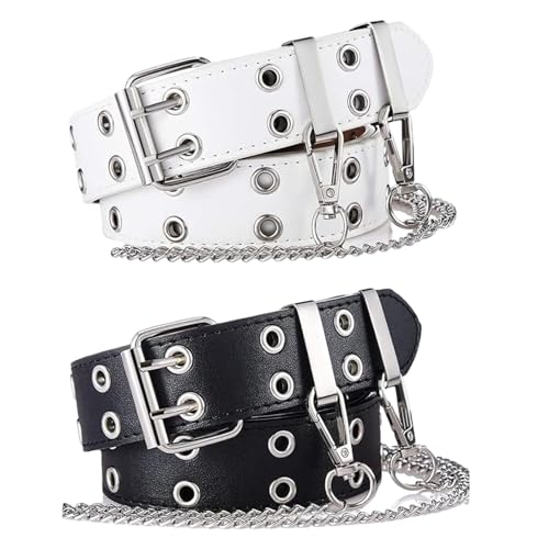 Bantre 2 Pièces Ceinture à Double Œillet, Ceinture Punk en Cuir PU avec Chaîne Détachable en Métal, Ceinture en Jean à Œillets, pour Femmes Hommes, Jupes Ou Robes en Jean (Noir, Blanc), 3,3 * 110 cm