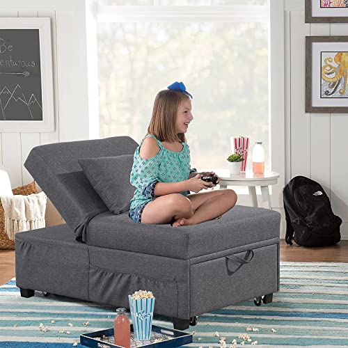 IPKIG Convertible Chair Sleeper Bed, 4 in 1 Multi-Function Sleeper Sofa Folding Ottoman Modern Linen Fabric Guest Bed with Lumbar Pillow and Adjustable Sleeper for Small Space Apartment (Dark Grey) - Thumbnail 2