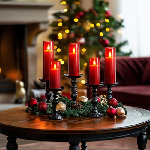 Image of Amagic Red Flameless Candles with Remote, Battery Operated Candles with Timer, Acrylic Flickering LED Candles for Christmas Decor, 3D Wick, Warm Yellow Glow, D2.2 xH5 5 inch 6 inch 7 inch 8 inch, Set of 5