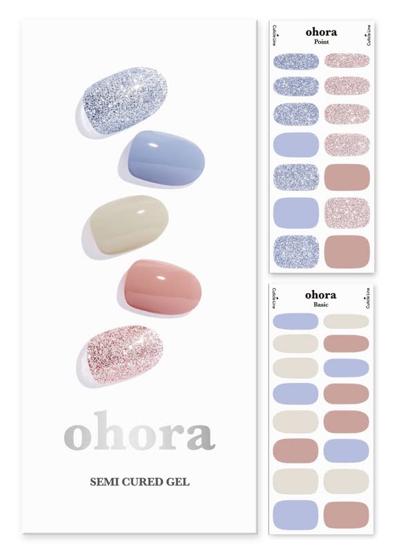 ohora Semi Cured Gel Nail Strips (N Philosophy) - Blue, Glitter, Works with Any UV/LED Nail Lamps, Salon-Quality, Long Lasting, Easy to Apply & Remove - Includes 2 Prep Pads, Nail File & Wooden Stick