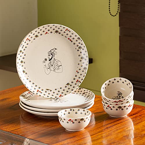 ExclusiveLane ‘Daawat-e-Taj’ Handcrafted 8-Piece Ceramic Plates For Dinner Set With Katoris (4 Dinner Plates, 4 Dinner Katoris, Serving for 4, Dishwasher & Microwave Safe)- Ceramic Bowl Dinnerware Set