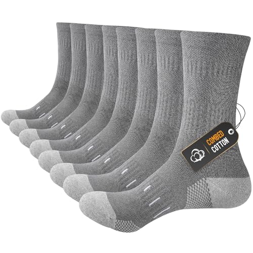 Niorasen Calcetines para Hombre, Calcetines de Trabajo de Algodón Peinado con Puntera y Talón Reforzados, 4 Pares Deportivos Tipo Crew para Correr, Caminar, Senderismo y Ciclismo, Gris, 43-46
