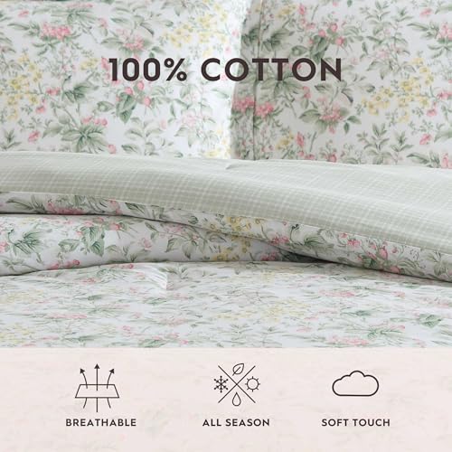 Image of Laura Ashley - Twin Comforter Set, Super Soft Cotton Bedding with Matching Sham, Botanical Design, Vintage Bed Essentials (Bramble Floral Pink, Twin)