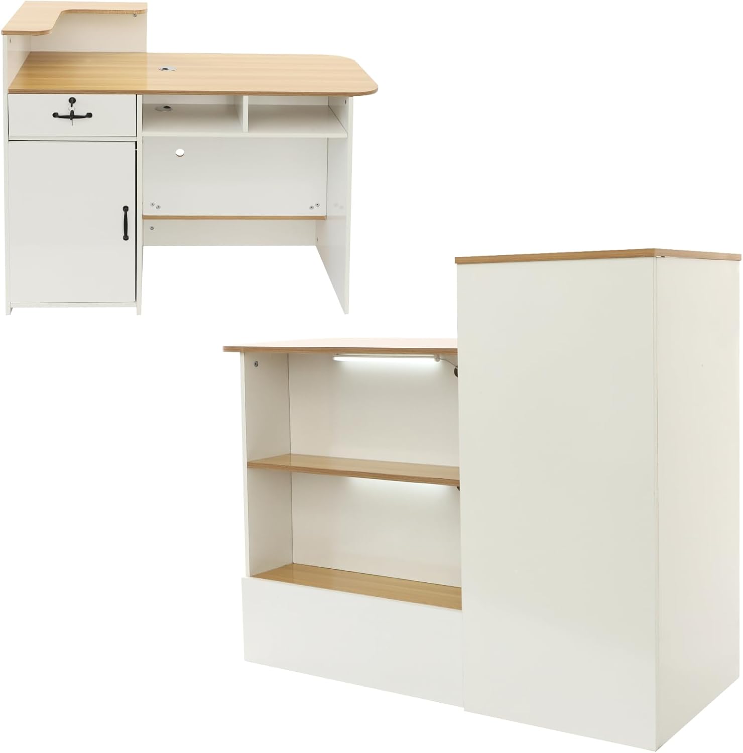 Modern Reception Desk Counter Table with Lockable Drawer & Open Shelves & Display Shelves, Retail Checkout for Lobby Salon Checkout Office (Warm White)