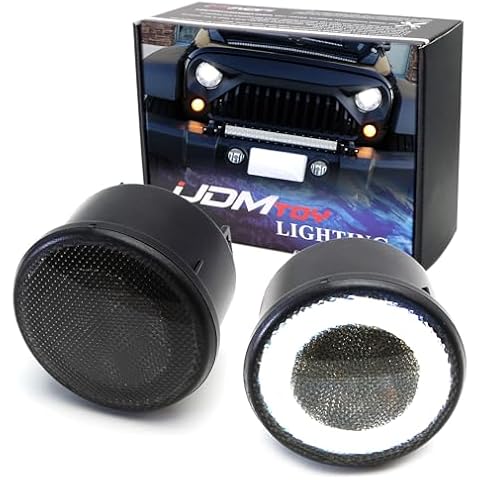 iJDMTOY Smoked Lens LED Driving/DRL Turn Signal Lamp Assembly Compatible With Jeep 2007-17 Wrangler (White LED Halo Ring as Parking/Driving/DRL Lights & Amber LED Center Light as Turn Signals) Cover