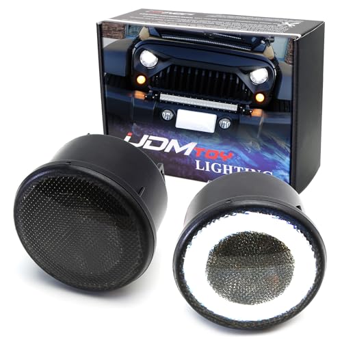 Image of iJDMTOY Smoked Lens LED Driving /DRL Turn Signal Lamp Assembly Compatible With Jeep 2007-17 Wrangler (White LED Halo Ring as Parking /Driving /DRL Lights & Amber LED Center Light as Turn Signals)