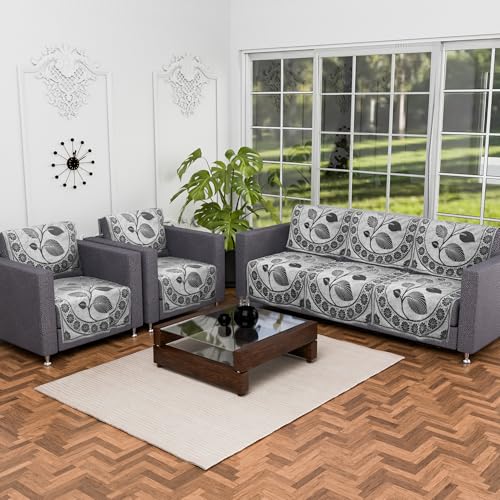 Image of Kuber Industries Cottonblend (Set of 10) 5 Seater Sofa Cover for Living Room | Durable & Stylish Sofa Slipcover Protector for Home, Living Room & Office | Leaf Desgin -Black