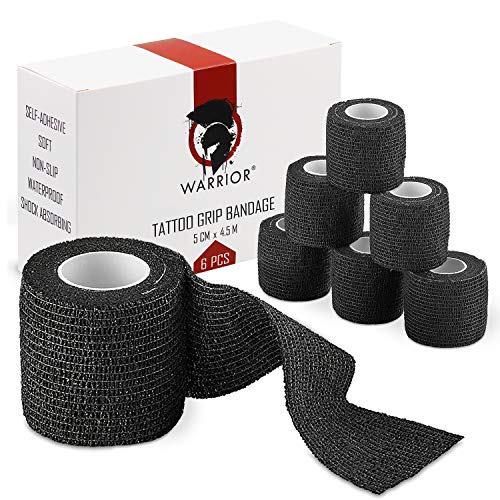 WARRIOR - Vendaje autoadhesivo de gasa para tatuajes (4,5 m x 5 cm, paquete de 12 unidades) (negro)