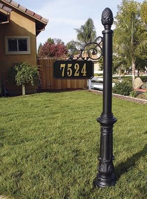 Scroll Address Post with Decorative Ornate Base & Peapple Fial Black