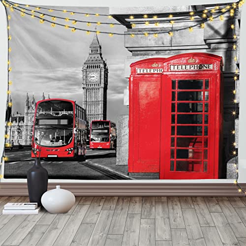 ABAKUHAUS Londres Tapisserie, London Retro Phone Booth, Décoration Murale en Tissu pour la Chambre à Coucher Le Salon Le dortoir, 150 cm X 110 cm, Gris Rouge