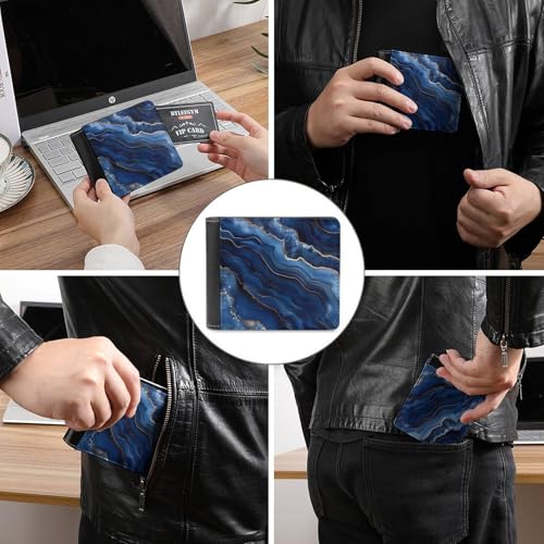 Gold Dark Blue Agate Print Cute Slim Bifold Wallet for Men Stylish Front Pocket Purse with Card Holder Slots3