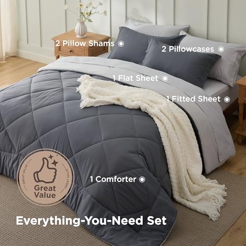 Image of Bedsure King Size Comforter Set - 7 Pieces Reversible Dark Grey Bedding, King Size Bed Set for All Seasons, Bed in a Bag with Down Alternative Comforter, Sheets, Pillowcases & Shams