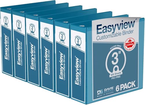 Image of Easyview 3-Ring Binder, Clear-View Cover, 3 inch Round Rings, Turquoise, 6 Pack | Heavy-duty binder, fits 8.5 inch x 11 inch paper, customizable cover, made in Canada, ideal for school or office use