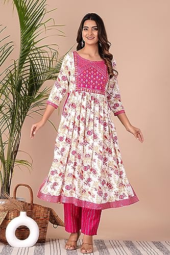 Image of MANHAREE | Women's Rayon Printed Embroidered Anarkali Kurta with Pant & Dupatta Set