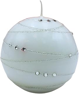 Elegant Ball Candle, Table Candle, Decorative Candle, Wax Candle with Gemstone Motif, Decorative Bowl Candle as Ball, 8 cm, Silver Stripe, in White.