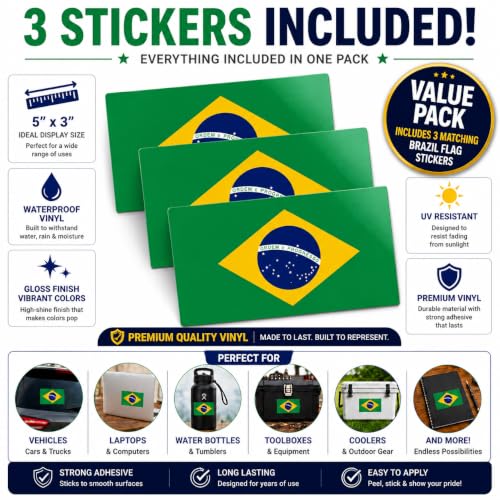 Image of Brazil Flag Vinyl Flag Stickers, Car Decals, Waterproof Indoor Outdoor, Laptop Stickers, Car Bumper, Brazilian Flag, 5 x 3 Inches, Set of 3