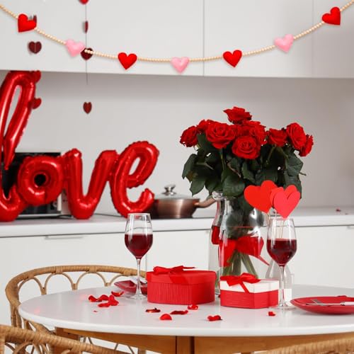 Image of Valentine's Day Garland, 3D Felt Valentine Heart Banner with Wooden Beads for Valentine's Day Decor Valentine Hanging Bunting Garland for Valentine's Day Home Mantel Wall Decor