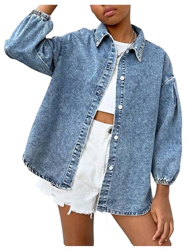 Floerns Girl's Y2k Denim Jacket Bishop Sleeve Button Down Baggy Jean Trucker Jacket