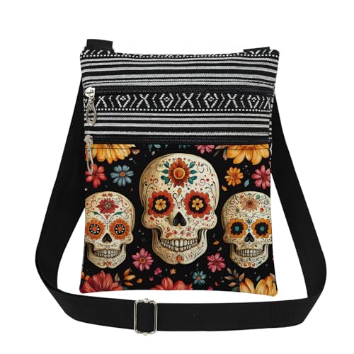 XiaoGalaee Colorful Floral Skull Print Crossbody Bag Mexican Sugar Skull with Floral Day of The Dead Gift Messenger Bag Adjustable Strap Purse for Women Sister Best Friend, Birthday or Holiday Present