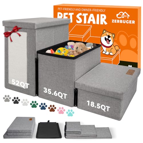 Image of Zerbuger Wider Dog Ramp for High Bed with Storage 18 inch H,Cat Scratcher, Foldable Dog Stairs for Small Medium Large Older Senior Animal, Sturdy Step for Climbing Bed or Couch, Arthritis-Friendly | 18 inch H Small Dog Steps for High Beds Couch, Folding Storage Pet Stairs Gift for Climbing Small /Medium /Large Old Dogs Cats