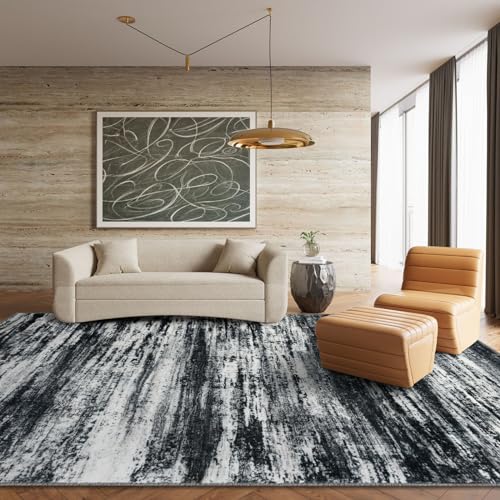 KOZYFLY Area Rugs 9x12 Living Room Modern Ombre Washable Rug Large Thin Rugs Non-Slip Soft Striped Rug for Bedroom, Black Navy Blue Grey Abstract Carpet for Laundry/Kid Room