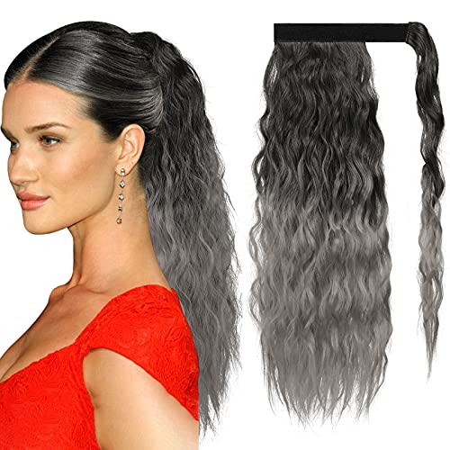 Long Corn Wave Ponytail Extension, PEACOCO 16 Inch Wrap Around Ponytail for Black Women Heat Resistant Synthetic Magic Paste Ponytail Hairpiece