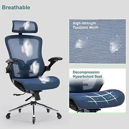 Ergonomic Mesh Office Chair, Home Office Desk Chairs With Adjustable Backrest, High Back Computer Desk Chair With Adjustable Headrest And Flip-Up Arms, Swivel Task Chair (Sapphire Blue) #TOP6