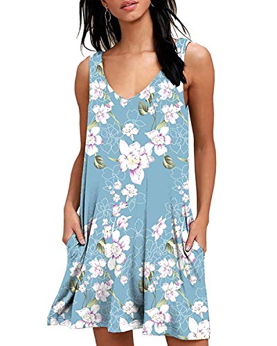 ABYOVRT Femme Robe Casual Été Boheme Florale Robe de Plage sans Manches Tunique en Vrac T Shirt Robe avec Poches,Z-Bleu Imprimé,XXL Cover
