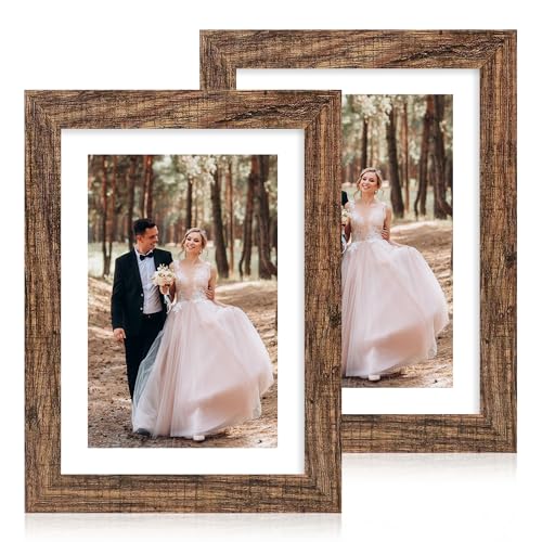 iRahmen 7x10 Picture Frame - High Definition Real Glass Wooden Photo Frames for Tabletop Display and Wall Mounting (Brown, Set of 2)