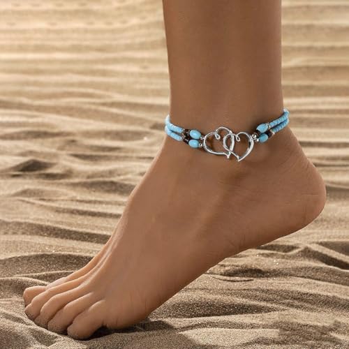 Image of Elastic Beaded Ankle Bracelets for Women Double Heart Layered Stretch Ankle Bracelets Waterproof Dainty Boho Beaded Anklets for Summer Beach Foot Jewelry