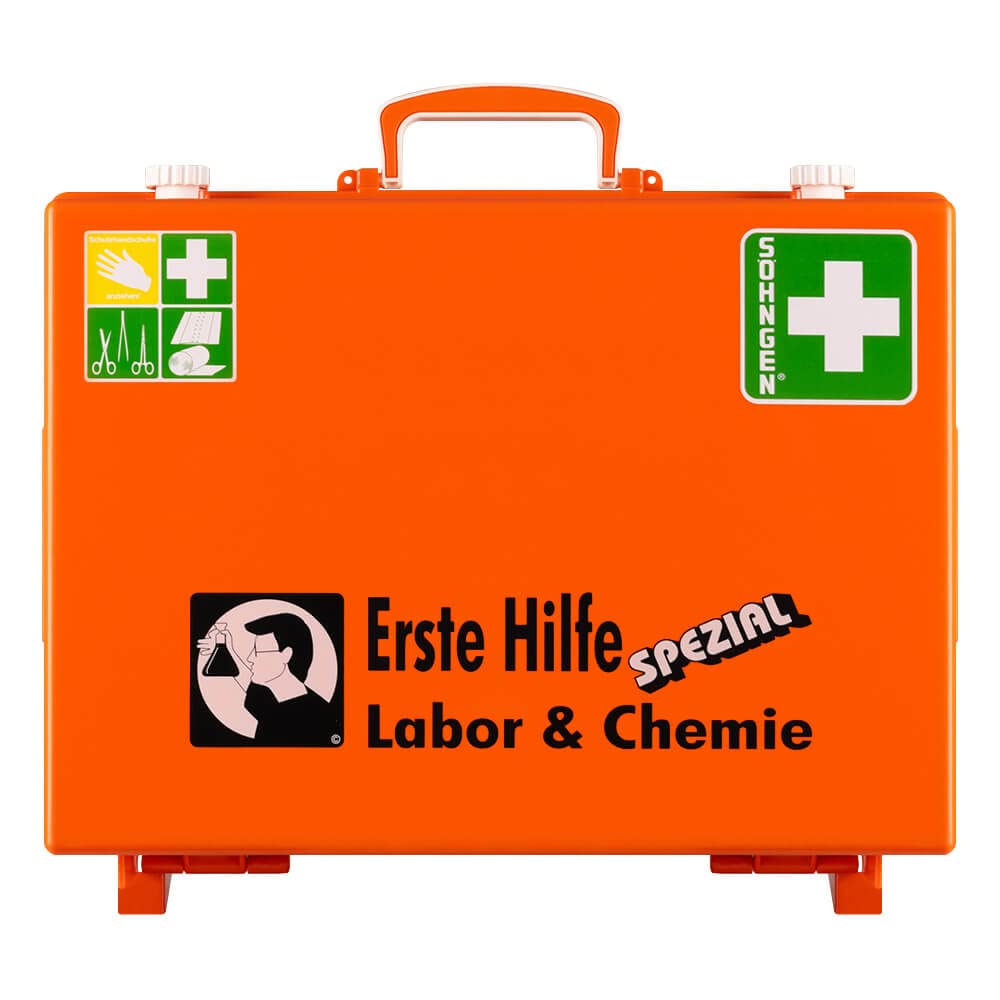 Erste-Hilfe-Koffer Labor/Chemie, Wandhalt. Söhngen, orange, ASR A4.3/DIN 13157, Art.-Nr. 110034 | Verbandskasten | Notfallkoffer | Erste Hilfe Kasten