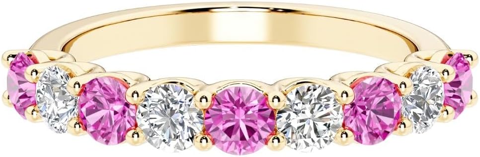 14k White or Yellow Gold Lab Grown Pink Sapphire and Diamond Nine-Stone Half Eternity Ring, 1.70 Carat, September Birthstone, Anniversary Wedding Band, Birthday Gift for Women w/ Jewelry Box, Sz 4-10