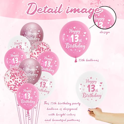 Happy 13th Birthday Decoration Balloon - 28Pcs Pink Party Decorations Set for Girl, Confetti Latex Balloons for Offical Teenager Girls 13 Years Old Birthday Party Supplies - Image 2