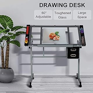 Abician Table à Dessin Inclinable avec 2 Tiroirs Bureau à Dessin Réglable en Hauteur avec Grand Plan de Travail Relevable 0°-60° Bureau pour Peintres/Architectes/Ingénieurs/Illustrateurs Noir