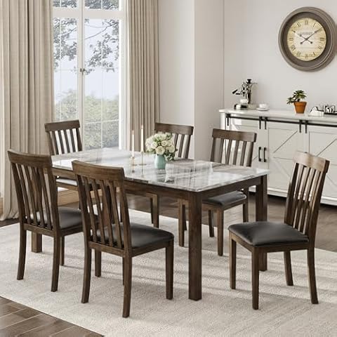 LUXOAK 7-Piece Solid Wood Dining Table Set, 71" Faux Marble Kitchen Table with 6 Chairs, Curved Backrests & PU Cushioned Seats, Perfect for Dining Room & Living Room Cover