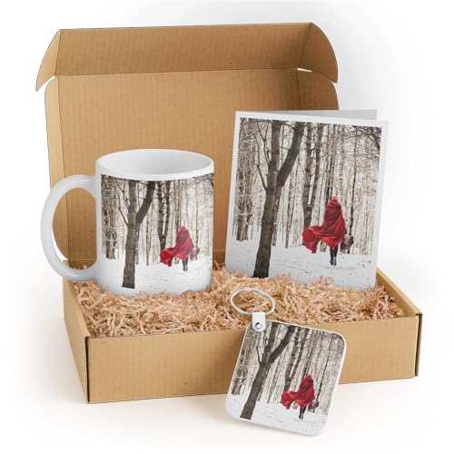 3dRose Little Red Riding Hood Gift Set with Mug, Card, and Keychain - Perfect for Children's Birthdays and Winter Holidays