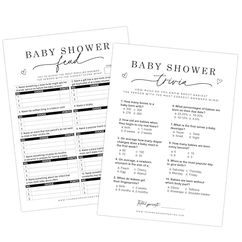 Your Main Event Prints Baby Shower Games - Baby Trivia and Baby Shower Feud - Minimalist Style - 50 Games Included