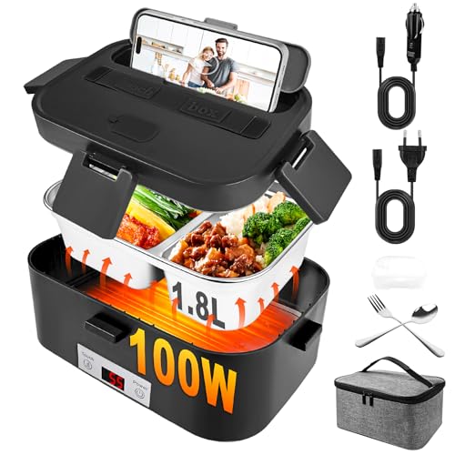 100W Fiambrera Electrica 1.8L 3 en 1 Tartera Eléctrica Cuenco Eléctrico Portatil 12V/24V/220V Calentador de Comida para Coche Camión y Trabajo Fiambrera Termica Termo Comida Caliente (NEGRO)