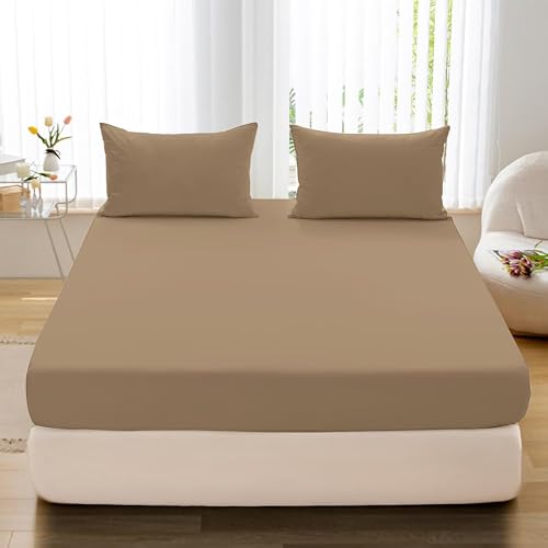 Stupendo Jersey Spannbettlaken Spannbetttuch Laken Bettlaken 100% Baumwolle Oeko-TEX® Steghöhe bis 25 cm (Beige, 90x200-100x200 + 25 cm) 4 Spannbettlaken Beige 90x200 cm Spannbetttuch Bettlaken Jersey Matratzenhöhe bis 25 cm 100% Baumwolle