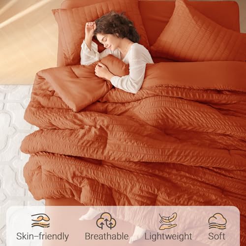 Image of MUXHOMO 7 Pieces Oversized Queen Comforter Set, Seersucker Bed in a Bag Oversized Queen Size, All Season Luxury Bedding Set with Comforter, Flat Sheet, Fitted Sheet, Pillowcases & Shams, Burnt Orange