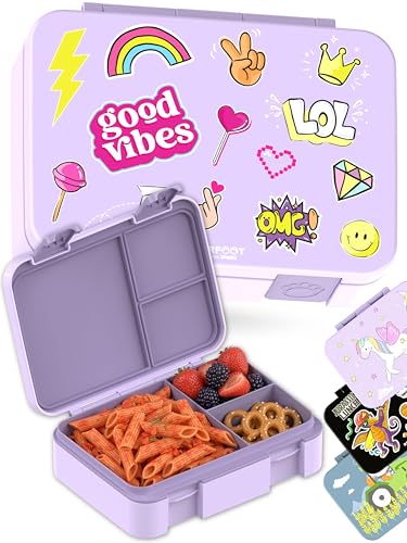 Image of BEARFOOT Kids Lunch Box with Compartments - Compact & Lightweight | Leak-Proof, BPA-Free, Dishwasher Safe | Hand-Drawn Design for Preschool, School, Travel (Sticker Purple, 4 Cups)