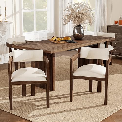 NADEUSAK Juego de 4 sillas de comedor de madera maciza, estilo moderno, tela de lino, color nogal, cómodas y transpirables, adecuadas para comedor, sala de estar, cafeterías