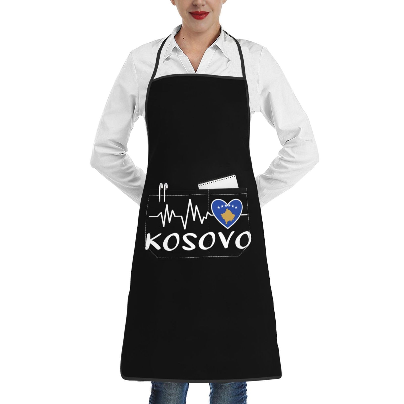 nopicsn Kosovo Heartbeat Apron for cooking with Pockets Women Men Kitchen Chef Funny Aprons