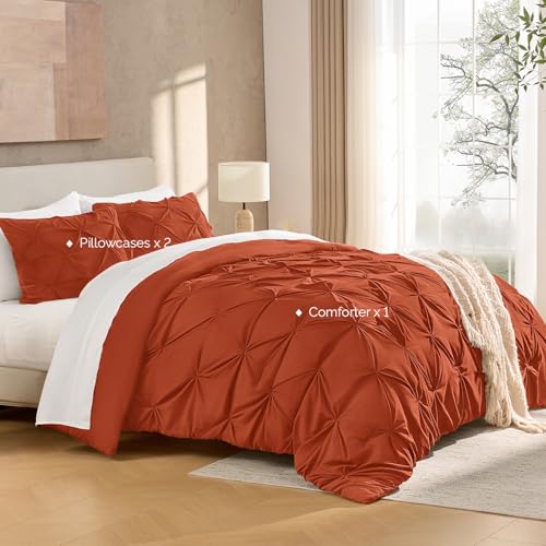 Image of Andency Queen Pinch Pleat Comforter Set (90 inchx90 inch),3 Piece Lightweight Pintuck Bedding Comforters & Sets, Fluffy Down Alternative Comforter with 2 Pillow Shams for All Season,Terracotta