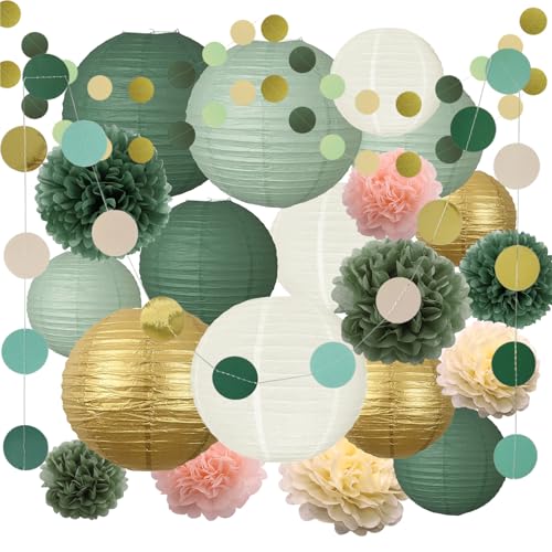 Lot de 23 lampions en papier vert sauge et or, vert sauge, lanternes rondes en papier pour mariée, décoration de mariage, fête d'anniversaire, fête de jardin,...